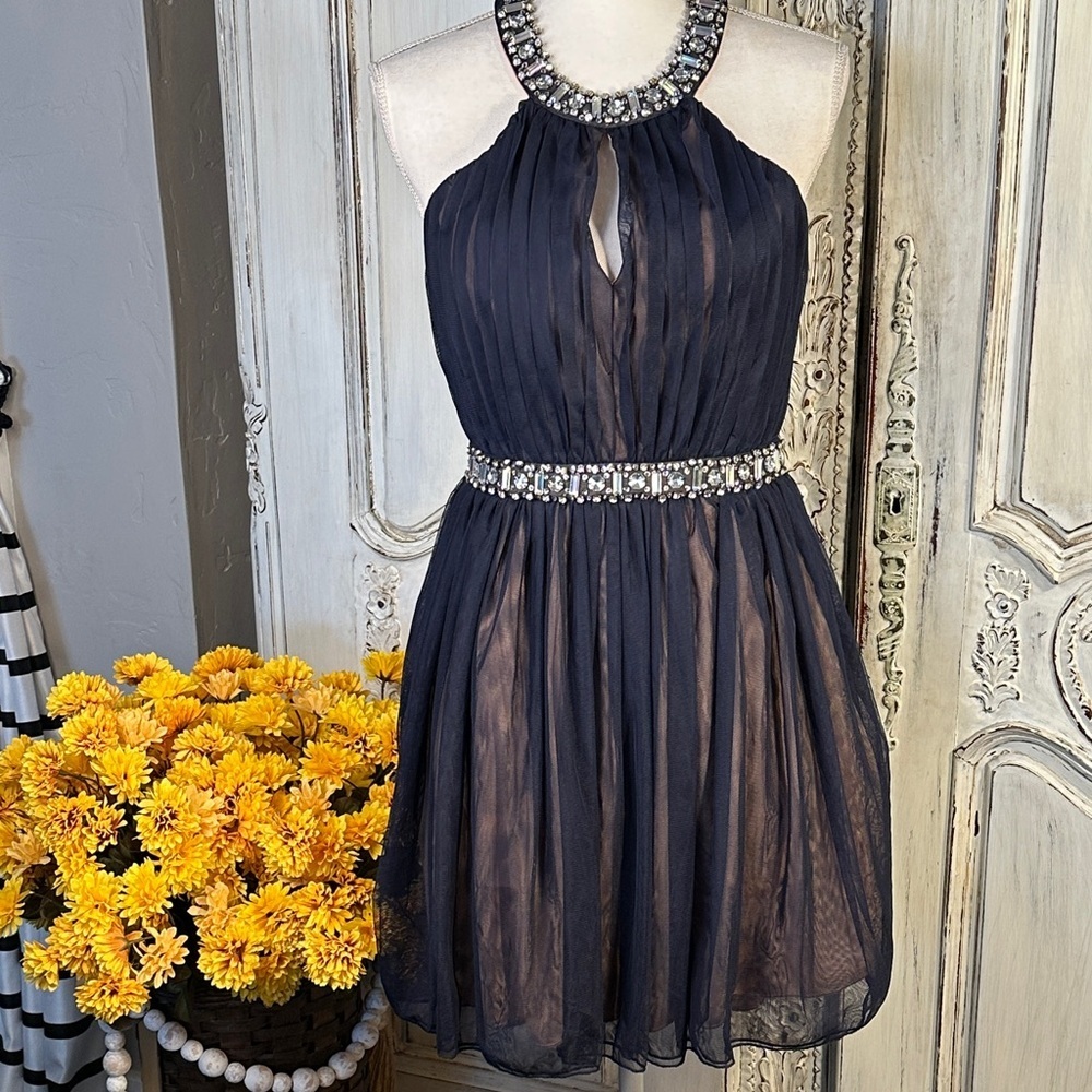 Way-In Clothing Co. Elegant Navy Blue  Bejeweled Neckline Party Dress